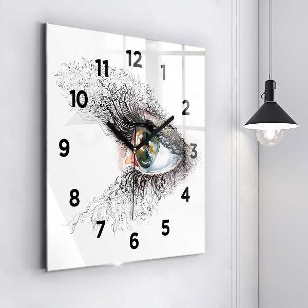 Square glass wall clock Drawing of a human eye