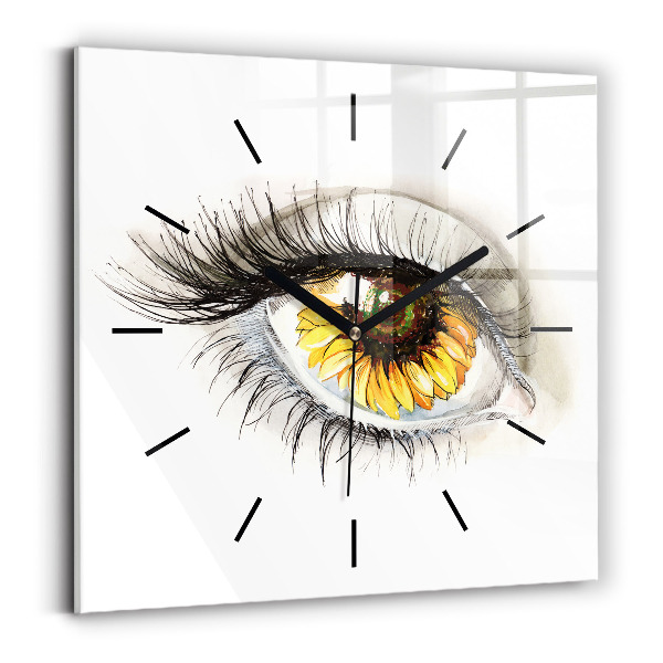 Square glass wall clock Sunflower flower in the eye