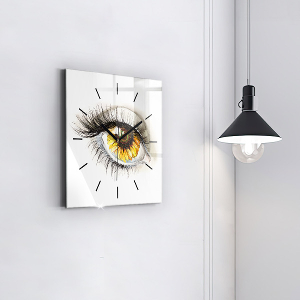 Square glass wall clock Sunflower flower in the eye