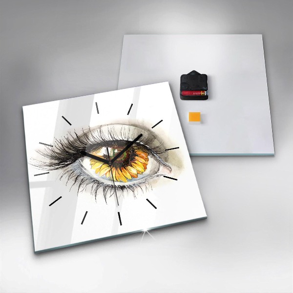 Square glass wall clock Sunflower flower in the eye