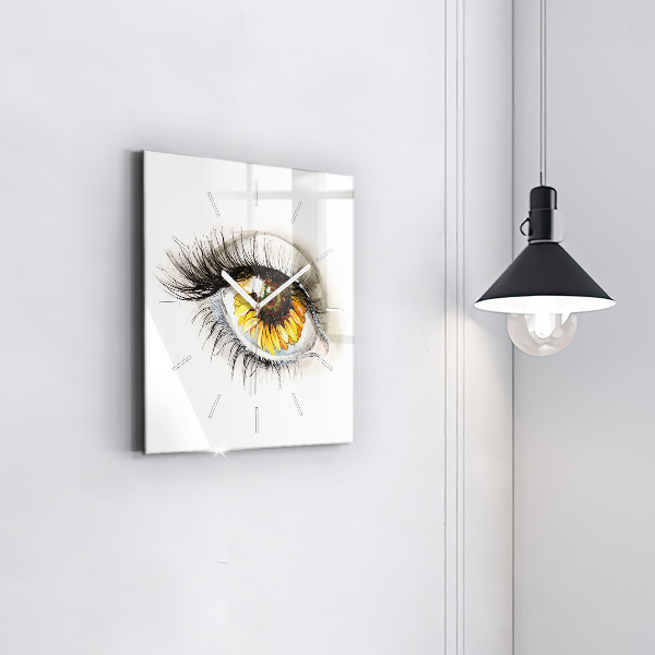 Square glass wall clock Sunflower flower in the eye