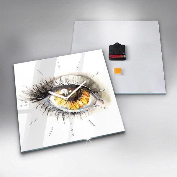 Square glass wall clock Sunflower flower in the eye