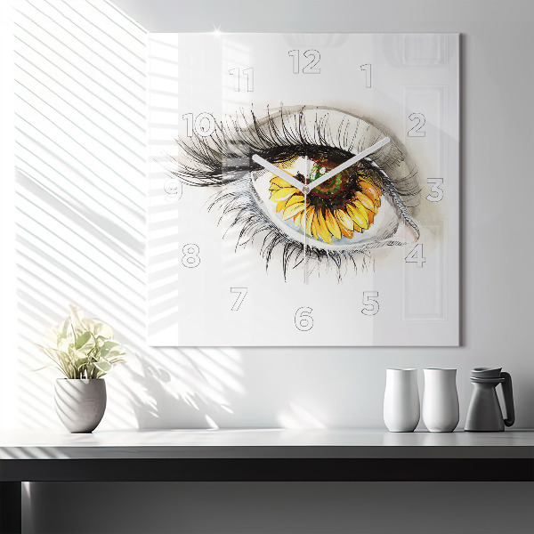 Square glass wall clock Sunflower flower in the eye