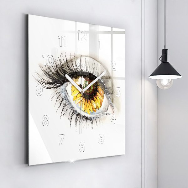 Square glass wall clock Sunflower flower in the eye