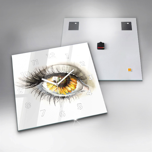 Square glass wall clock Sunflower flower in the eye