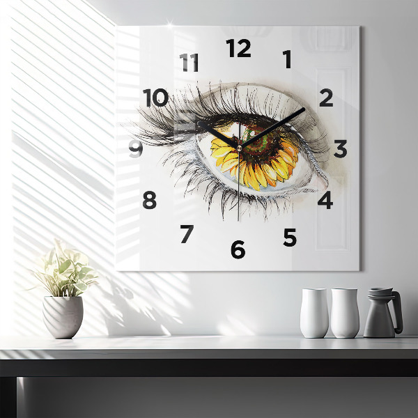 Square glass wall clock Sunflower flower in the eye