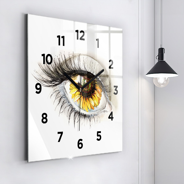 Square glass wall clock Sunflower flower in the eye