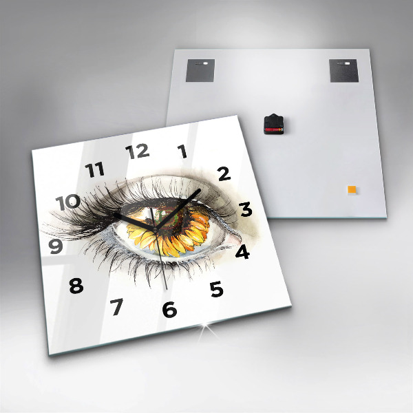 Square glass wall clock Sunflower flower in the eye