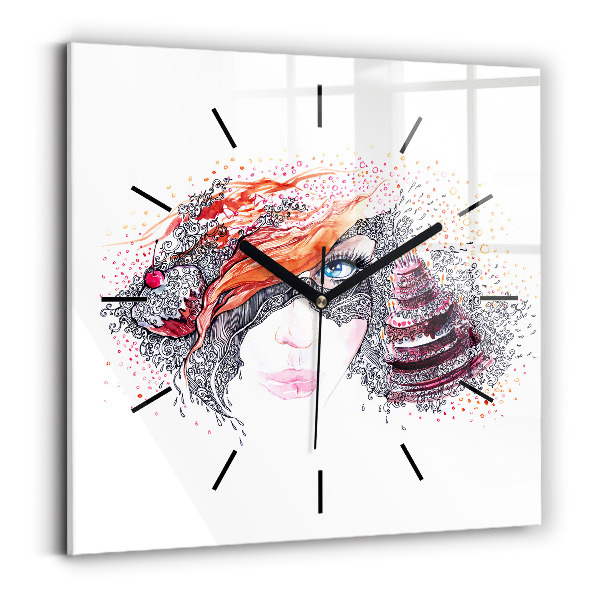 Square glass wall clock Sweet woman with cake