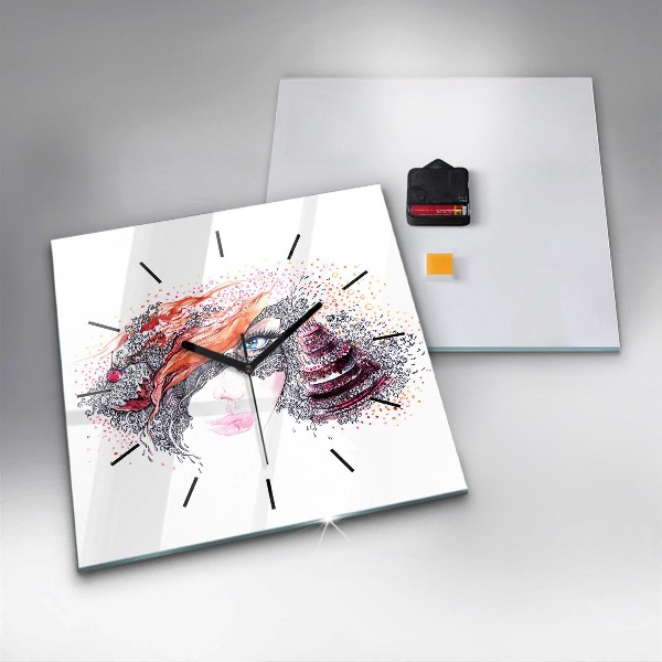 Square glass wall clock Sweet woman with cake