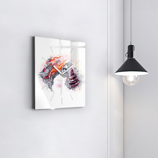 Square glass wall clock Sweet woman with cake