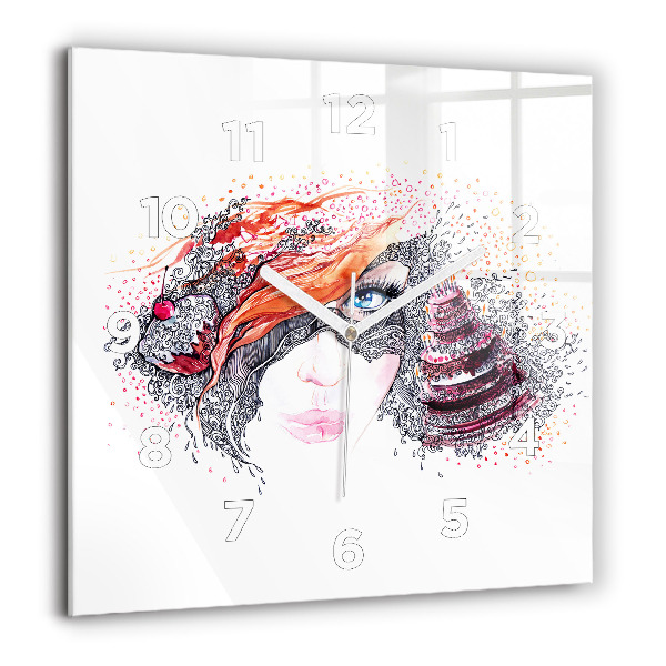 Square glass wall clock Sweet woman with cake