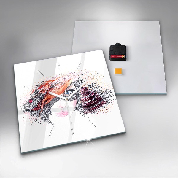 Square glass wall clock Sweet woman with cake