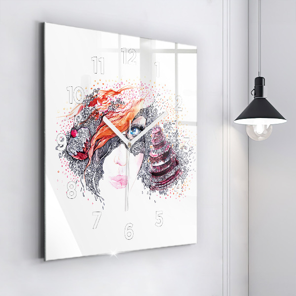 Square glass wall clock Sweet woman with cake