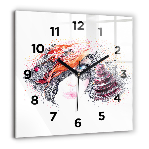 Square glass wall clock Sweet woman with cake