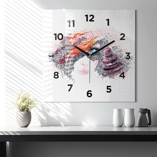 Square glass wall clock Sweet woman with cake