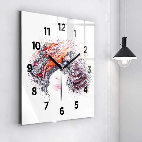 Square glass wall clock Sweet woman with cake