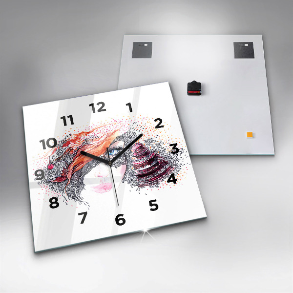 Square glass wall clock Sweet woman with cake