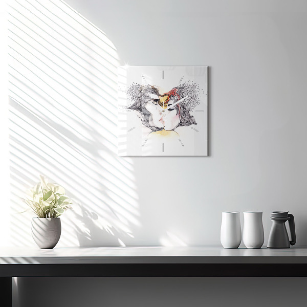 Square glass wall clock Love kiss drawing