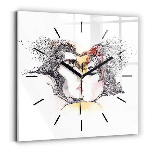 Square glass wall clock Love kiss drawing