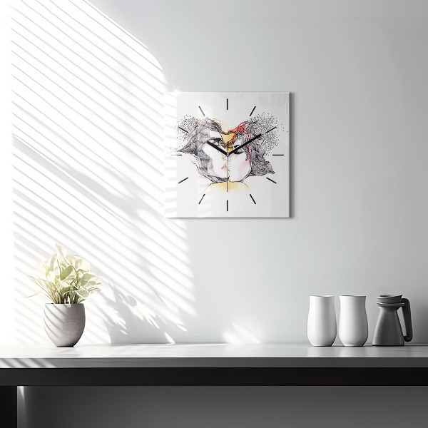 Square glass wall clock Love kiss drawing