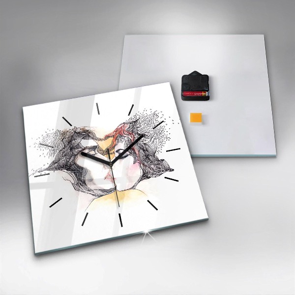 Square glass wall clock Love kiss drawing