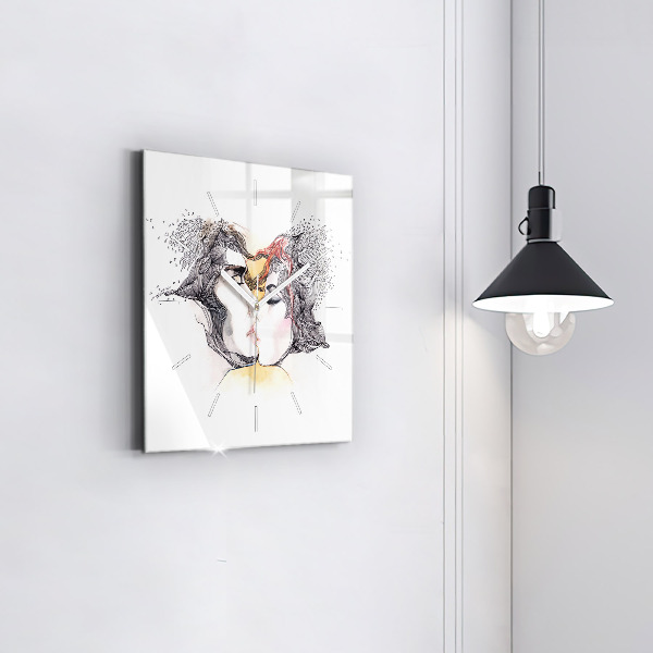 Square glass wall clock Love kiss drawing