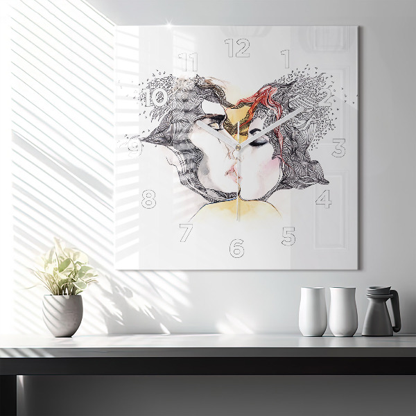 Square glass wall clock Love kiss drawing