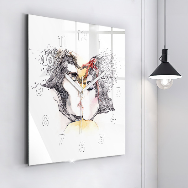 Square glass wall clock Love kiss drawing