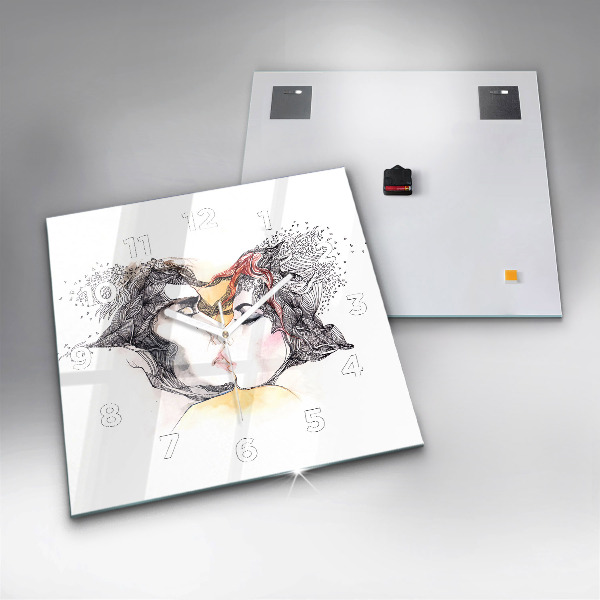 Square glass wall clock Love kiss drawing
