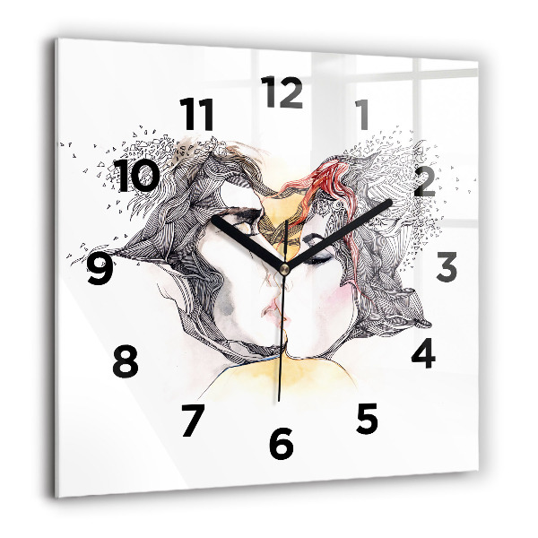 Square glass wall clock Love kiss drawing