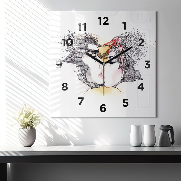 Square glass wall clock Love kiss drawing