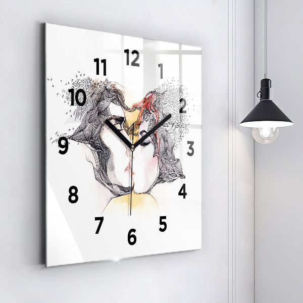 Square glass wall clock Love kiss drawing