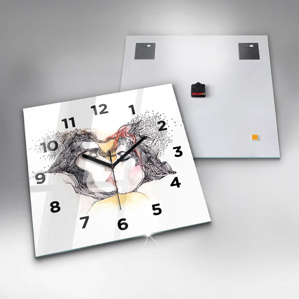 Square glass wall clock Love kiss drawing