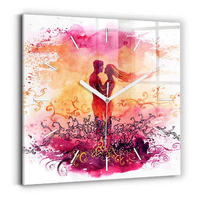 Square glass wall clock Watercolor couple in love