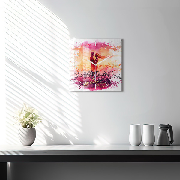 Square glass wall clock Watercolor couple in love