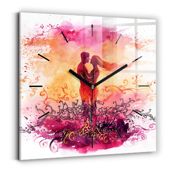 Square glass wall clock Watercolor couple in love