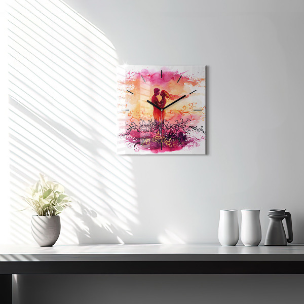 Square glass wall clock Watercolor couple in love