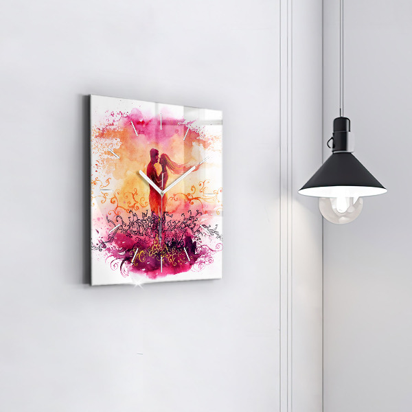 Square glass wall clock Watercolor couple in love