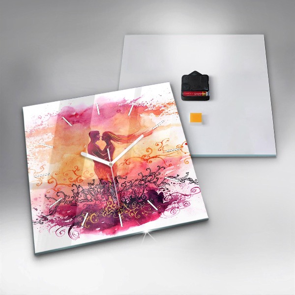 Square glass wall clock Watercolor couple in love
