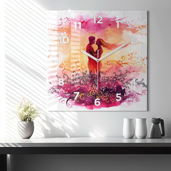 Square glass wall clock Watercolor couple in love