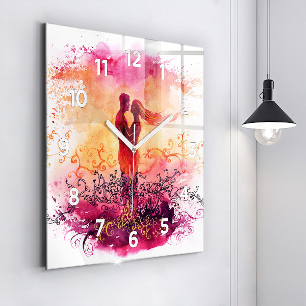 Square glass wall clock Watercolor couple in love