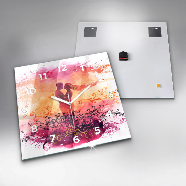 Square glass wall clock Watercolor couple in love