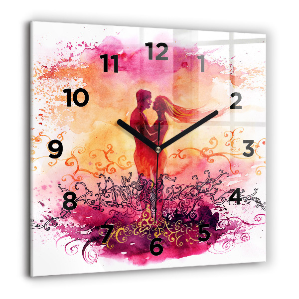 Square glass wall clock Watercolor couple in love