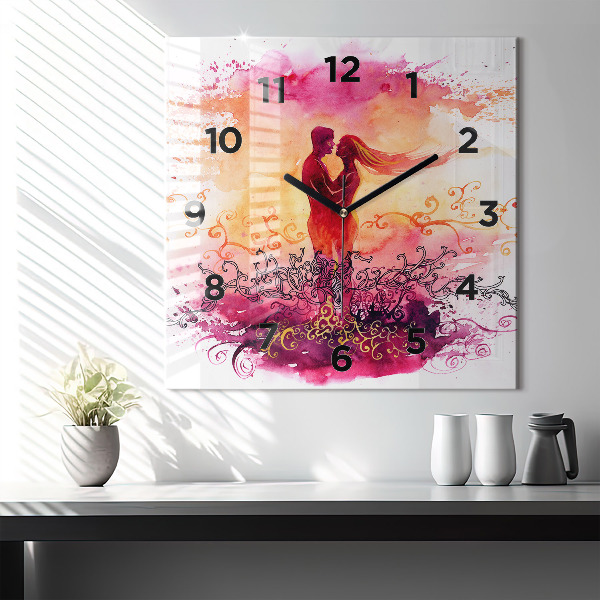 Square glass wall clock Watercolor couple in love
