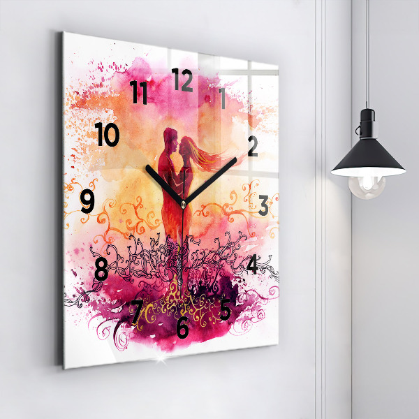 Square glass wall clock Watercolor couple in love