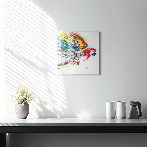 Square glass wall clock Colorful Parrot in Flight