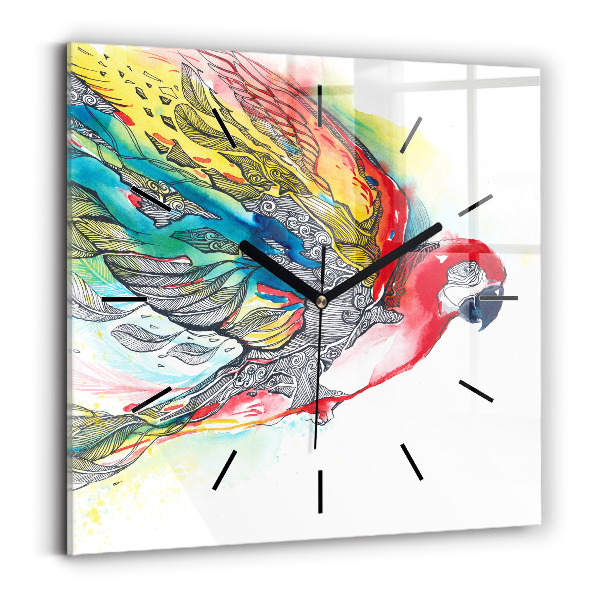 Square glass wall clock Colorful Parrot in Flight