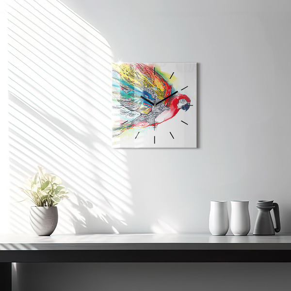 Square glass wall clock Colorful Parrot in Flight