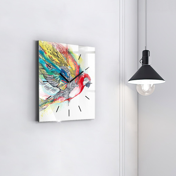 Square glass wall clock Colorful Parrot in Flight